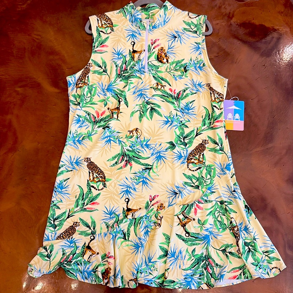 Sleeveless Tropical Print Mini Dress in Cream and Green